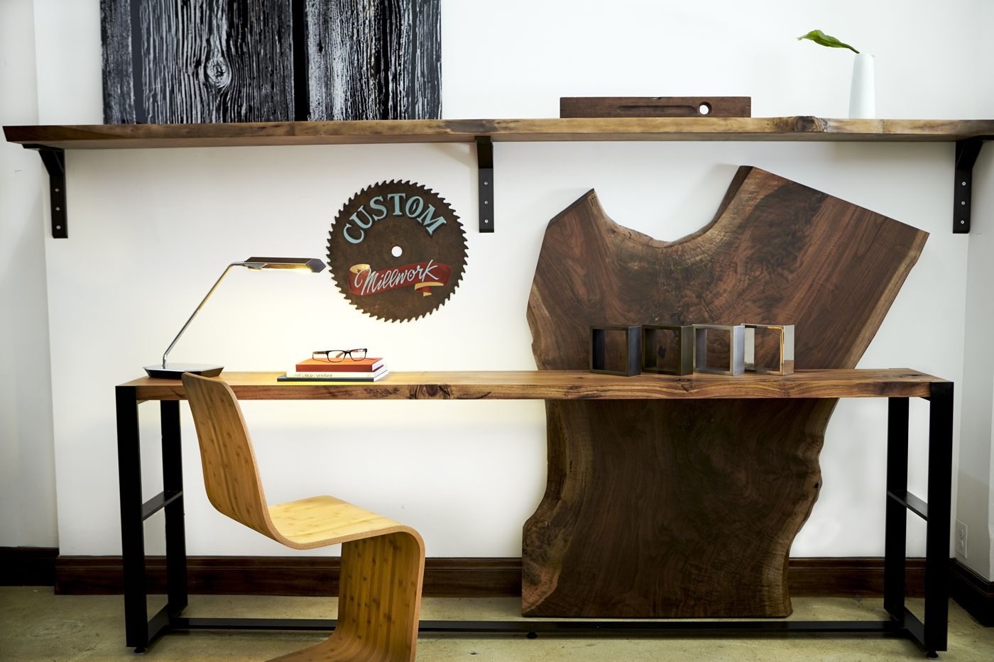 Desk and shelf, Timber, steel and display