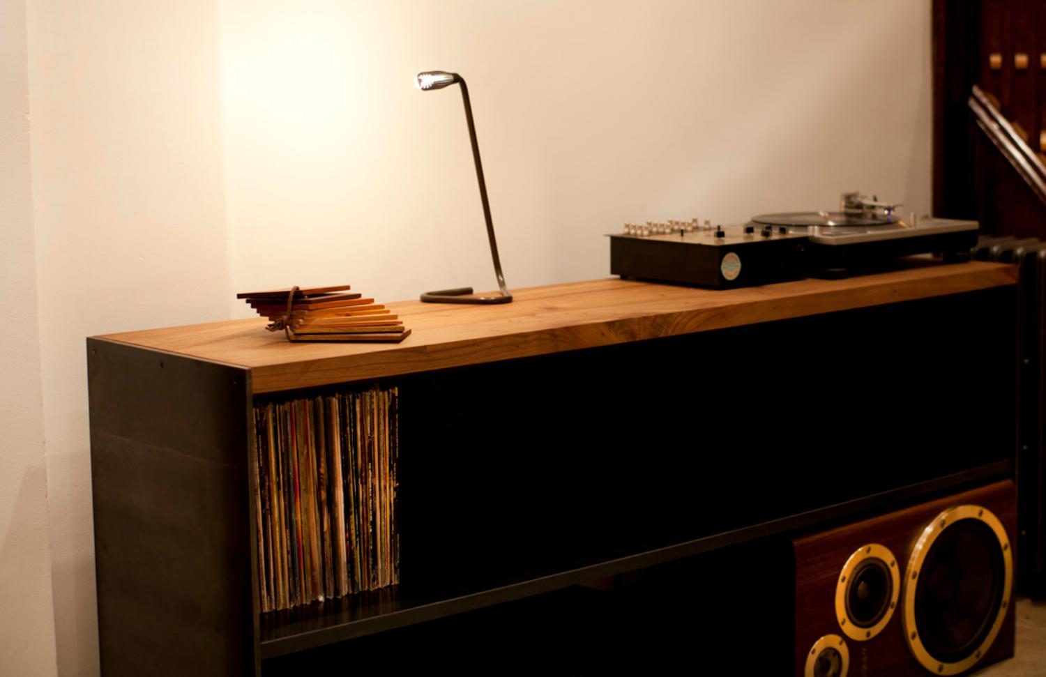 Record console, Walnut and steel